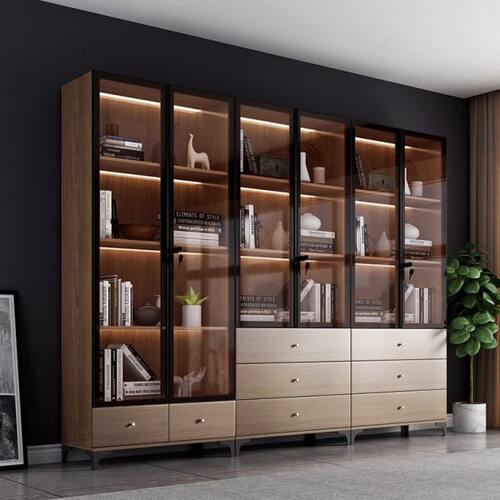 轻奢书柜带玻璃门靠墙家用客厅现代简约展示柜落地储物柜书架组合