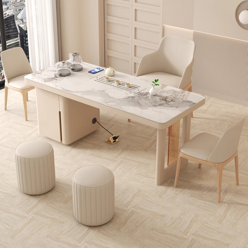 奶油风岩板茶桌椅家用小茶台现代简约自K动烧水壶一体办公室茶台