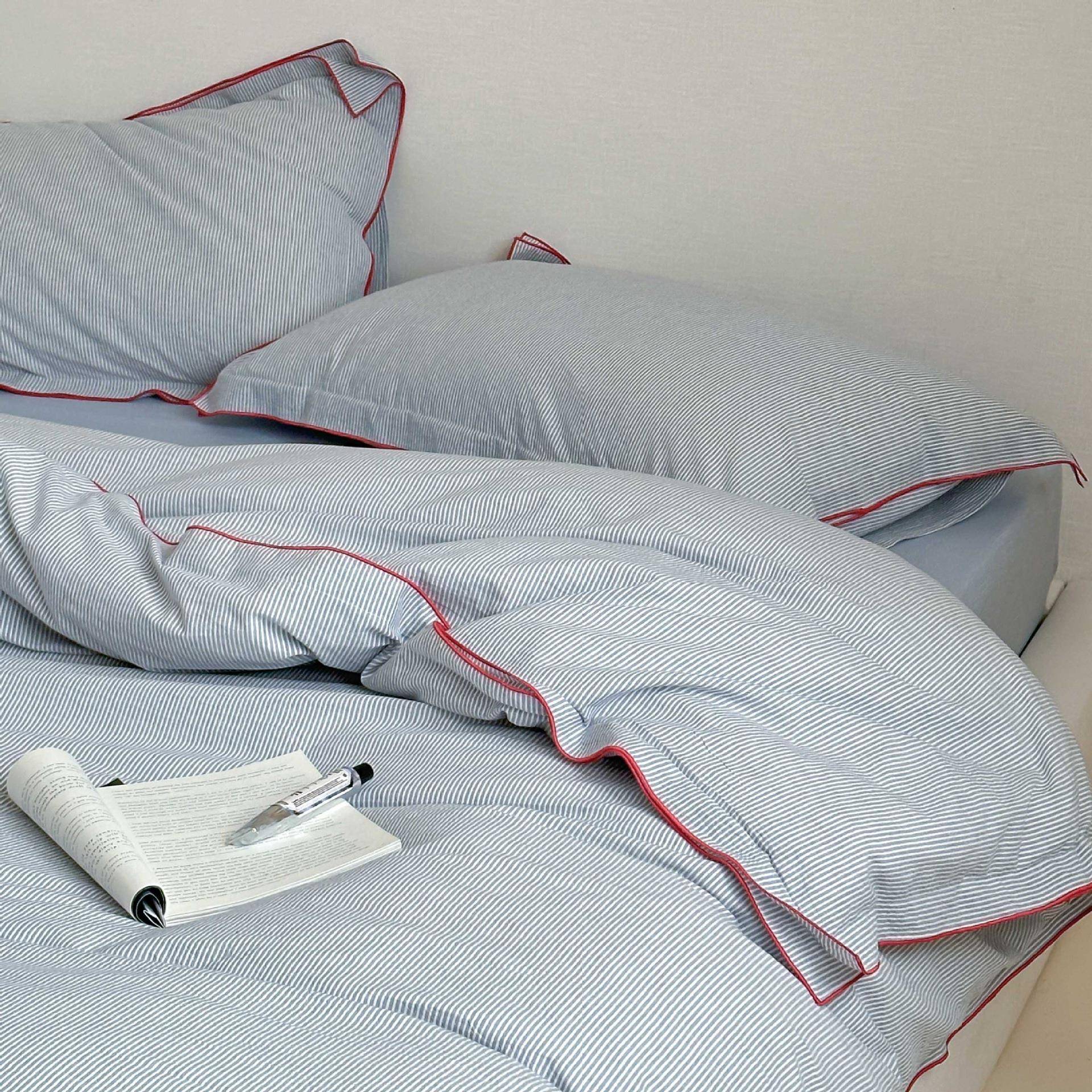 a类母婴级色织密拷边纯棉细条纹四件套全棉简约亲肤被套床单床品