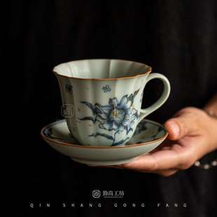 仿古青花汝窑咖啡杯马克杯家用办公室陶瓷个人杯办公杯带杯垫组合