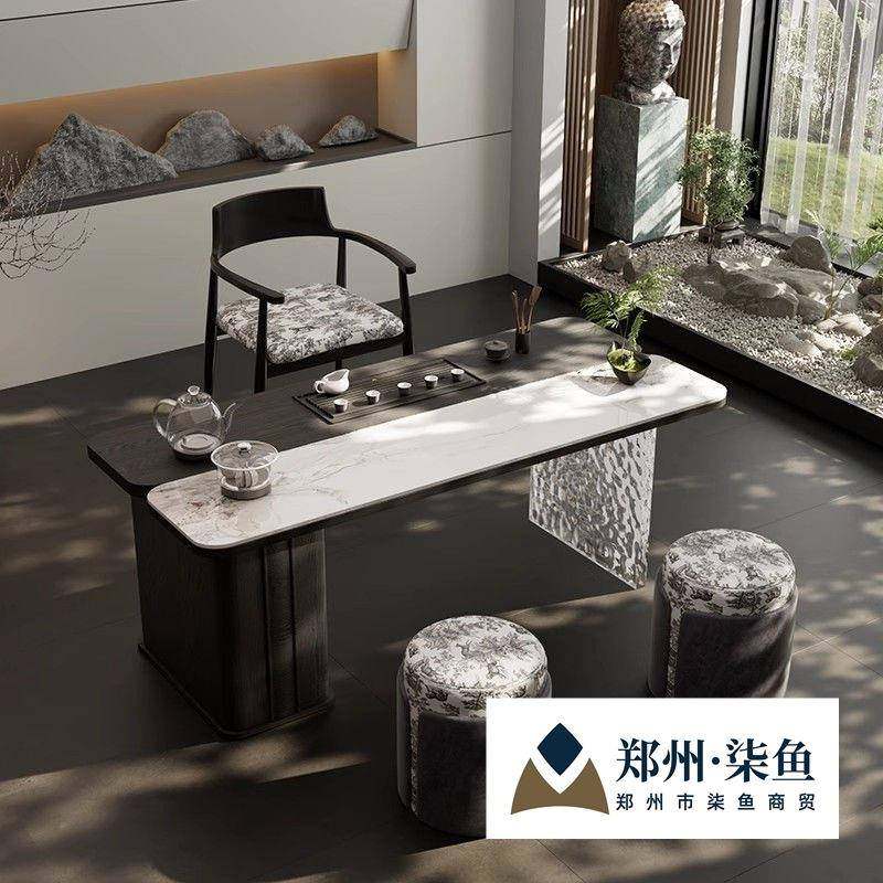 轻奢现代办公茶桌一体办公室岩板茶桌椅组合书桌两用办公桌带茶台