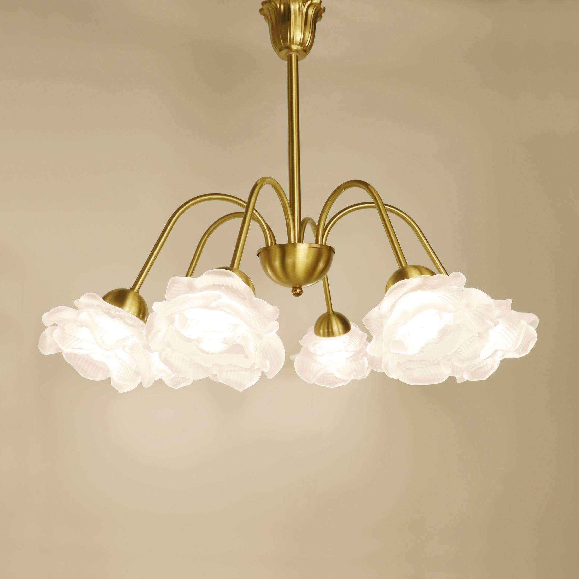 法式轻奢玫瑰卧室吊灯中古民宿天花灯美式复古全铜花朵书房客厅灯