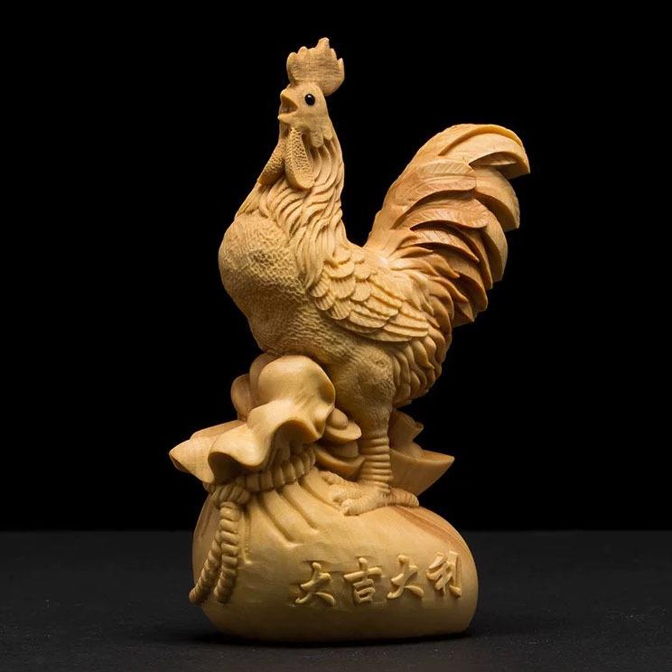 崖柏黄杨木雕大吉大利公鸡摆件 实木雕刻十二生肖金鸡报晓工艺品
