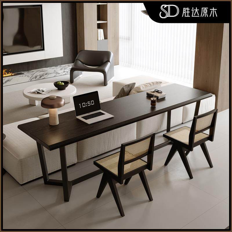 横厅沙发后实木书桌黑色长条双人客厅工作台家用办公桌大板极简桌
