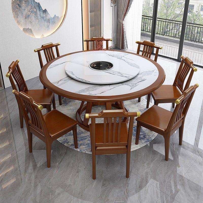 新中式实木岩板餐桌椅组合现代简约家用带转盘饭店电磁炉大圆桌子