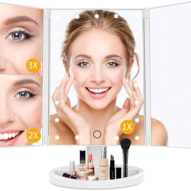 亚马逊跨境简约风 LED灯三折化妆镜 时尚长方形三面折叠美妆镜