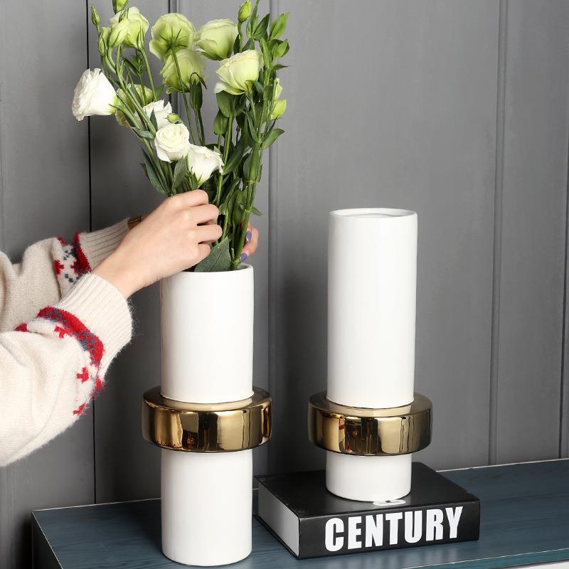 轻奢镀金直筒花瓶摆件家居陶瓷插花高颜值瓷盆客厅简约装饰花瓷瓶