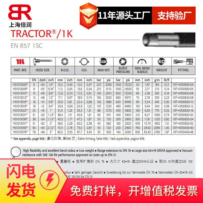 玛努利MANULITRACTOR/1K-48 DN76一层钢丝编织大尺寸液压橡胶软管