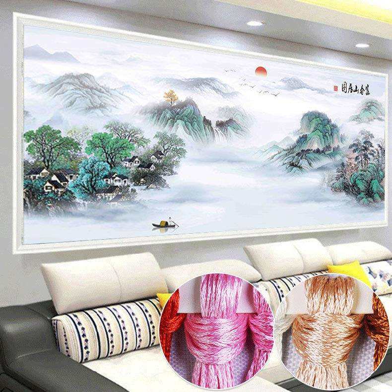 富春山居图十字绣2022新款客厅线绣风景流水生财大画满绣中式挂画
