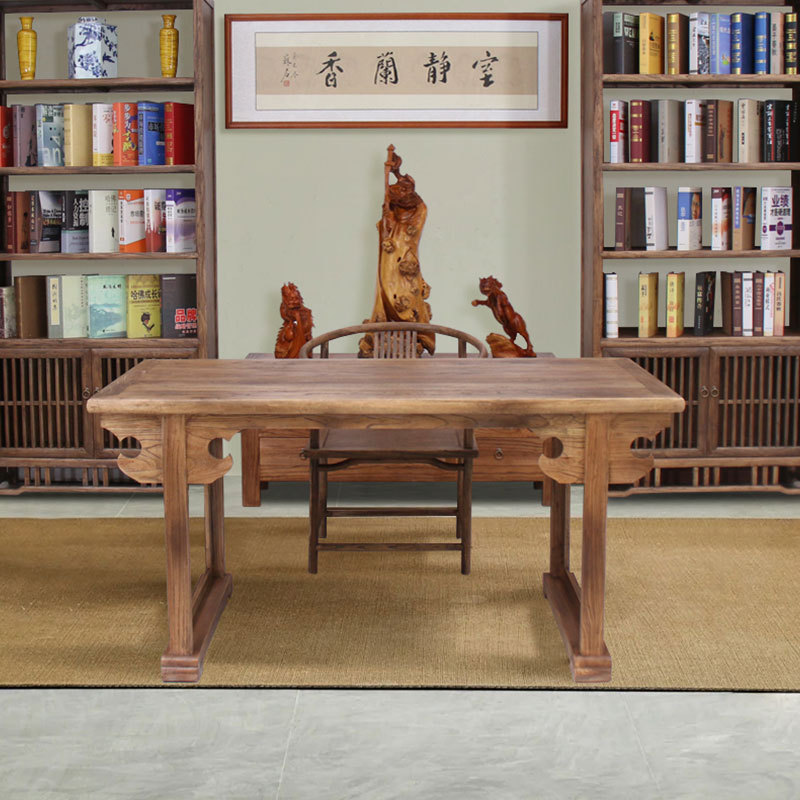 老榆木中式画案画桌泡茶桌两用实木复古风化做旧餐桌明式书法案台