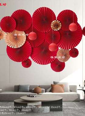 2P802024春节新年红色纸扇花灯笼店铺橱窗背景氛围布置年会装
