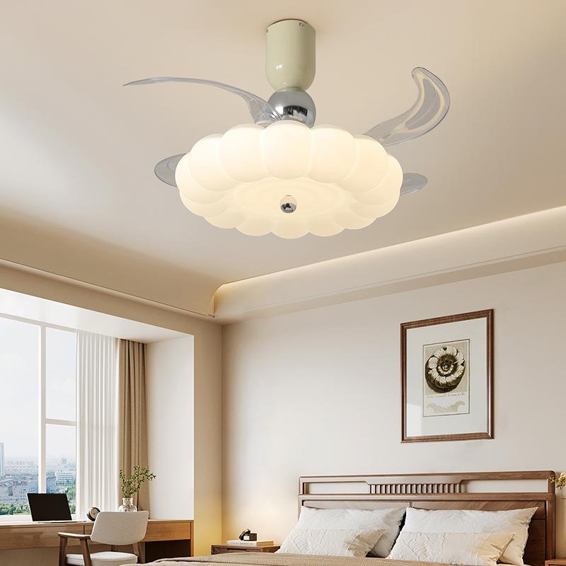 中古奶油风扇灯隐形扇叶餐厅吊灯2025年一体卧室儿童房间吊扇灯具
