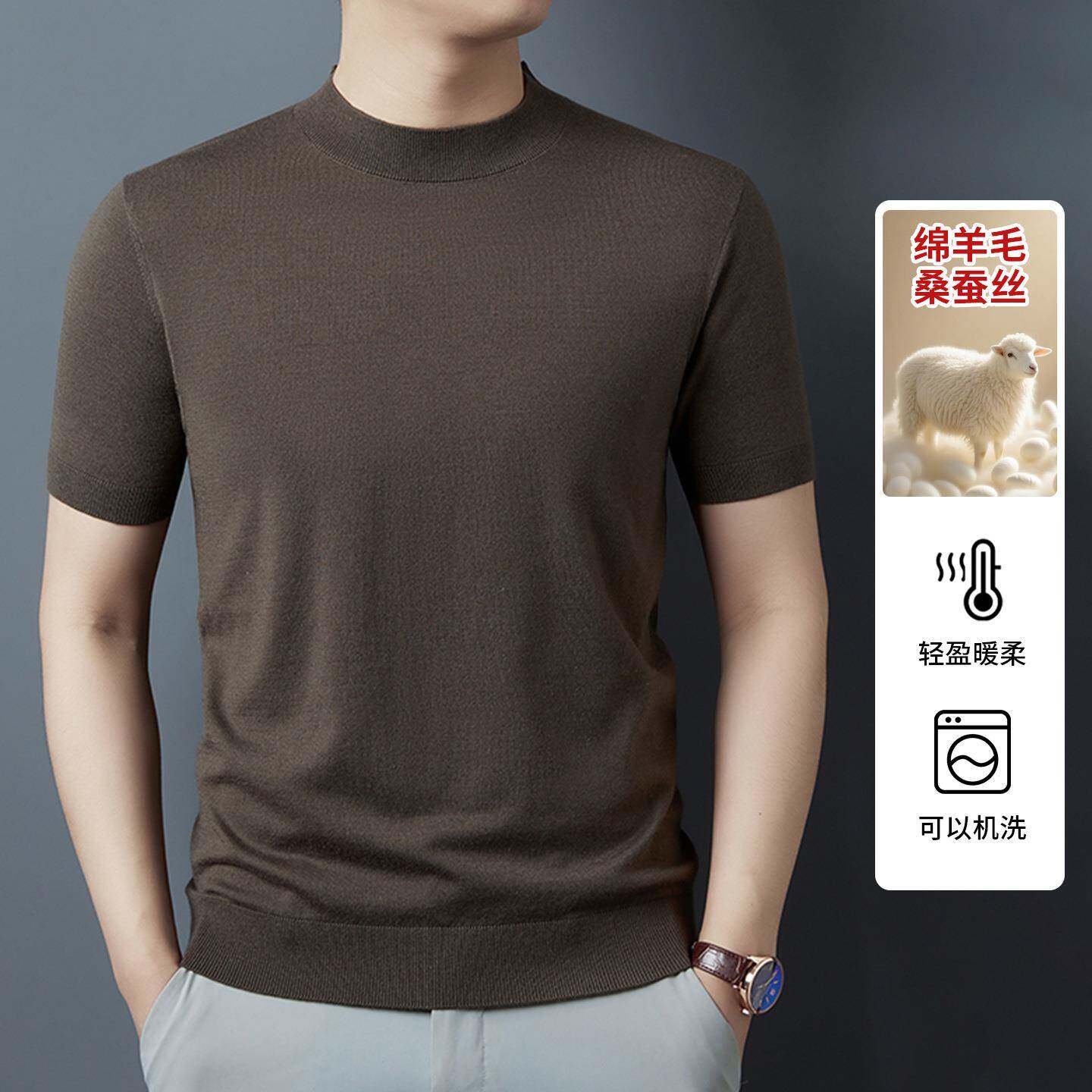 2026春季新款桑蚕丝短袖t恤男圆领绵羊毛修身纯色打底男士针织衫