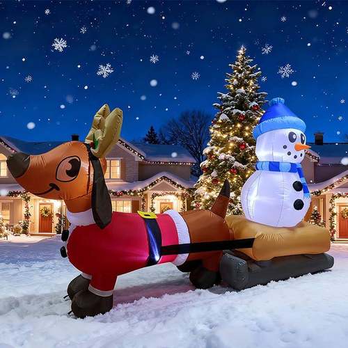 2.4米圣诞节充气腊肠犬拉雪橇载着雪人气模LED灯户外庭院装饰摆件