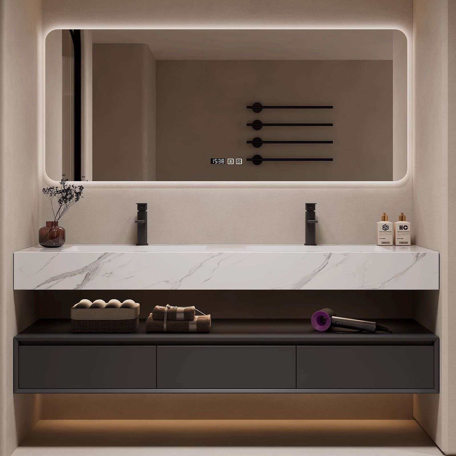 现代简约酒店风浴室柜组合岩板热弯一体盆卫生间洗漱台实木免漆柜