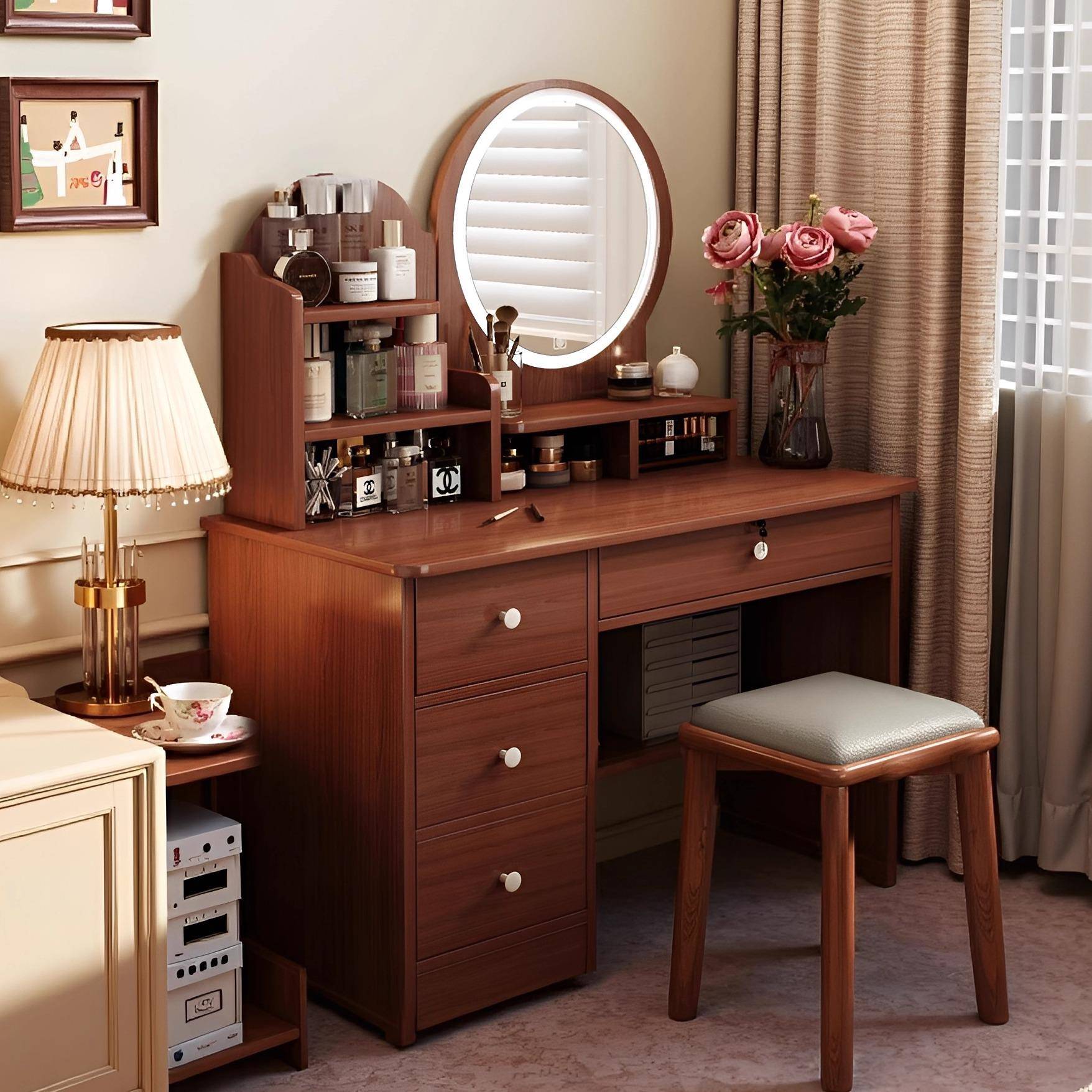 新中式梳妆台卧室家用小型床头柜2025新款复古化妆桌收纳柜置物柜