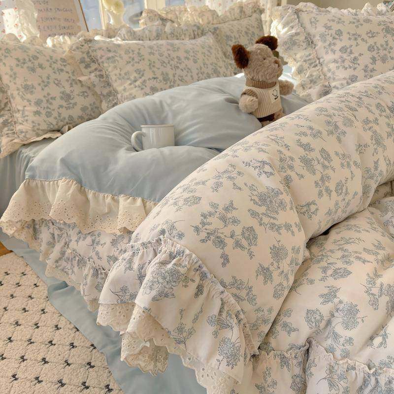 A双层水洗棉花边床裙被子床笠四件套床单被套床上用品三件套