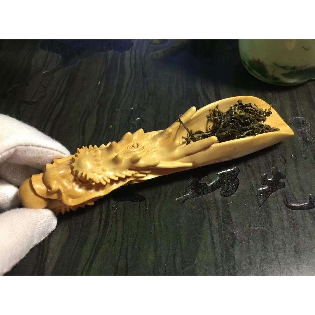 小叶黄杨木雕实木手把件居家雕刻工艺摆件陆羽龙头茶勺茶道用具