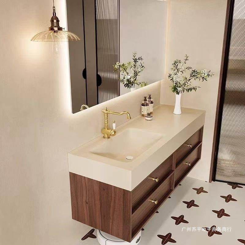 中古风岩板热弯无缝一体盆浴室柜组合卫生间洗漱台洗手洗脸池锭制