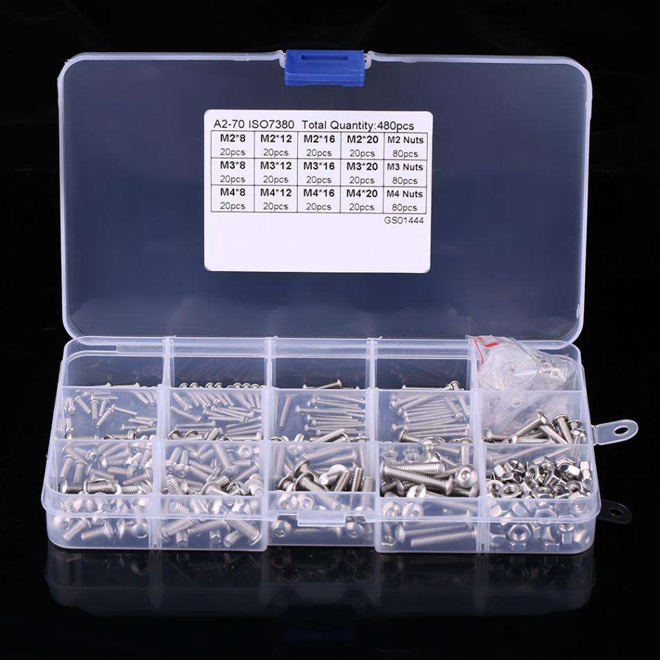 跨境 480pcs M2/M3/M4 A2-70 ISO7380 盘头内六角螺丝配螺母