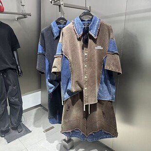 夏季撞色拼接设计欧美时尚套装男高街痞帅宽松机车服夹克外套短裤