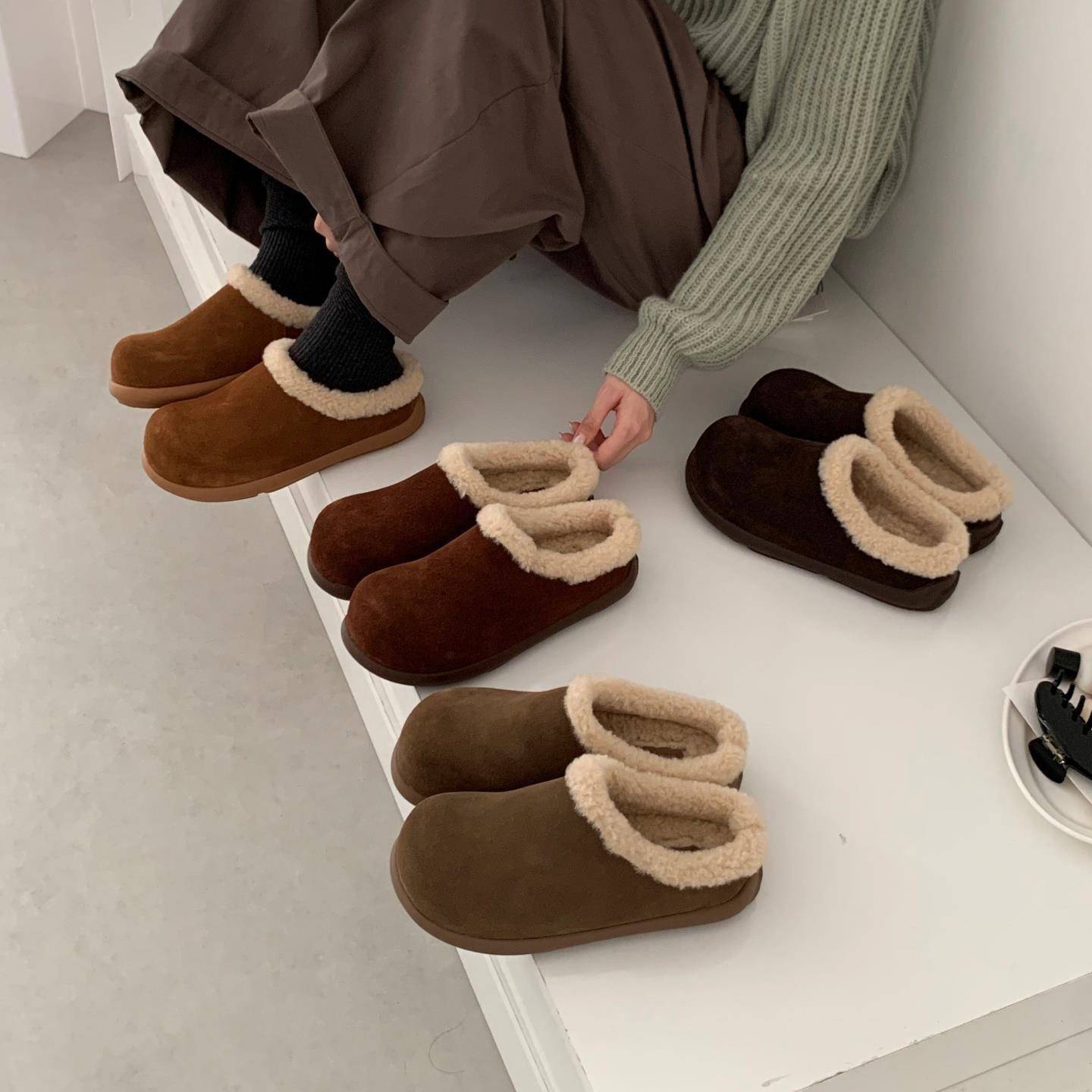 品牌撤柜韩版厚底加绒包头半拖女2025秋冬新款一脚蹬毛毛拖鞋