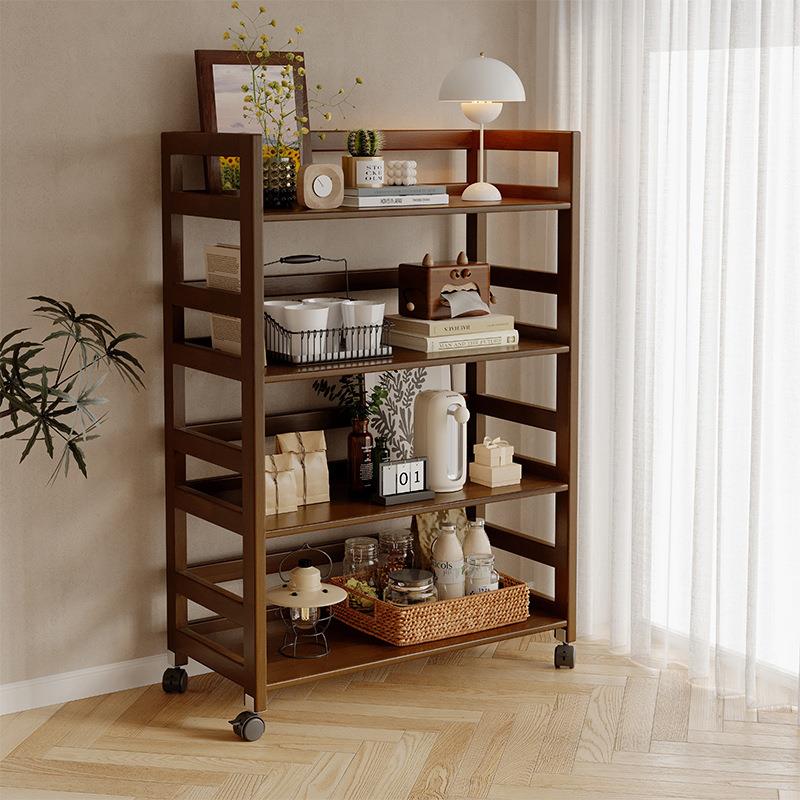 胡桃木色全实木置物架小推车落地客厅沙发边多层卧室可移动收纳架