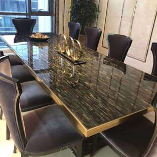 黄虎眼石奢石岛台接待台天然大理石桌面石材餐桌茶几面板