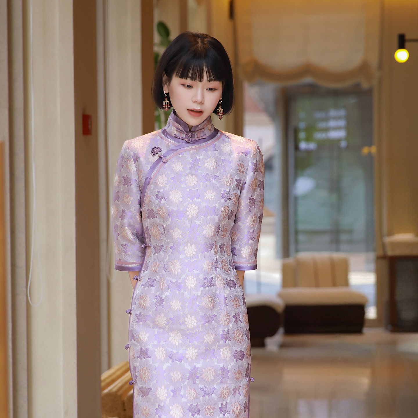 紫荷三重门40姆米宋锦高端2026新款中式复古修身收腰经典绝美旗袍