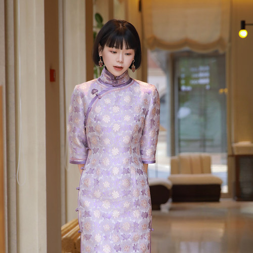 复古桑蚕丝高端宋锦盘扣旗袍长款