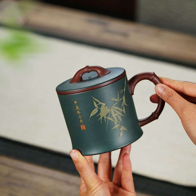 紫砂杯原矿纯全手工粉浆茶杯彩绘竹男女士大号带盖杯高档茶具