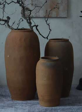 落地花瓶组合禅意粗陶土罐翁缸装饰做旧陶罐中式艺术老罐复古仿古