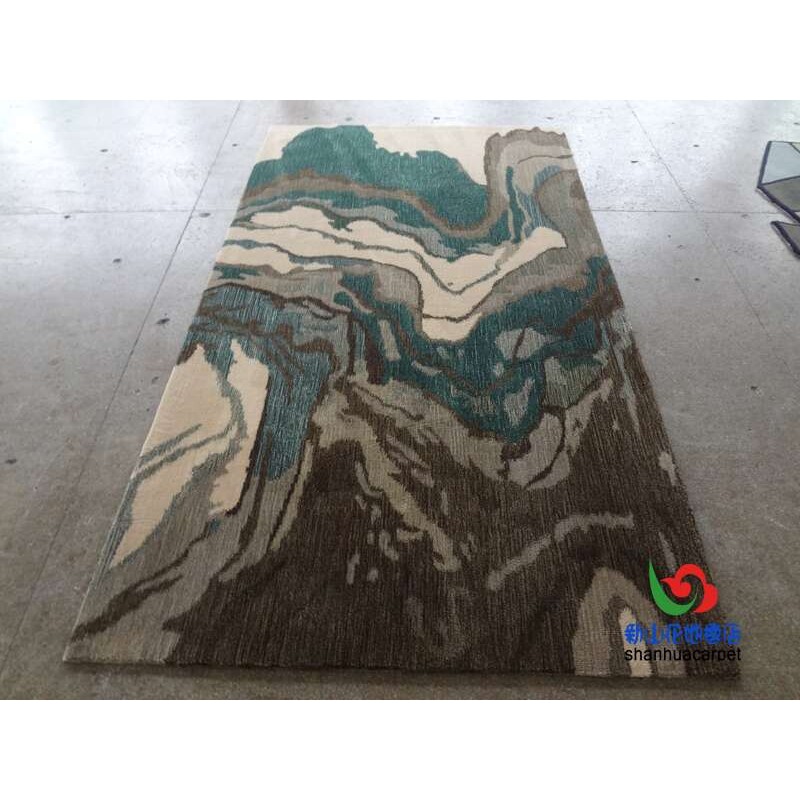 新中式抽象绿色水墨画样板房客厅茶几沙发地毯大厅接待室贵宾室