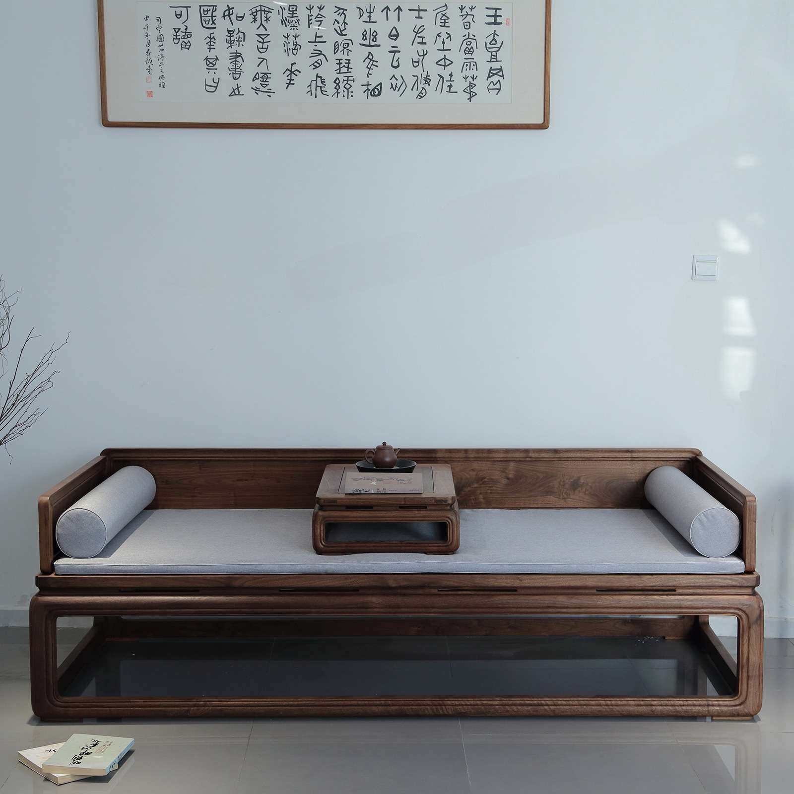 新中式罗汉床 沙发实木客厅老榆木仿古禅意中式床榻 黑胡桃木卧塌