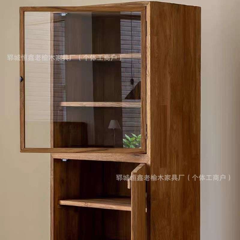 老榆木靠墙玻璃柜落地靠墙储物柜酒柜中古原木餐边柜收纳柜