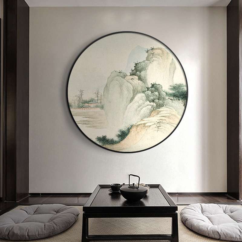 新中式茶室圆形装饰画客厅玄关山水画水墨国画禅意挂画中国风壁画