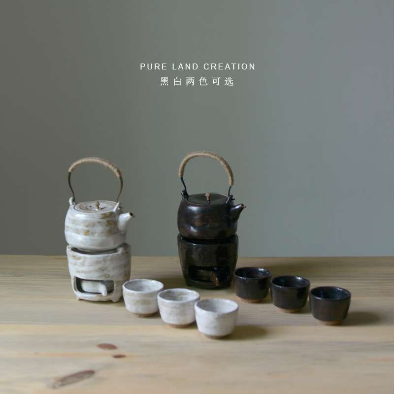 日式粗陶手工茶具套装温茶加热提梁壶三杯陶瓷炉子创意茶器套组