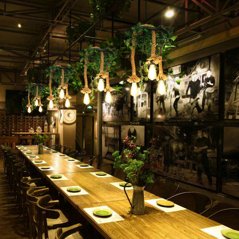 工业风植物吊灯创意个性餐厅复古音乐餐吧酒吧麻绳繁花绿植田园灯
