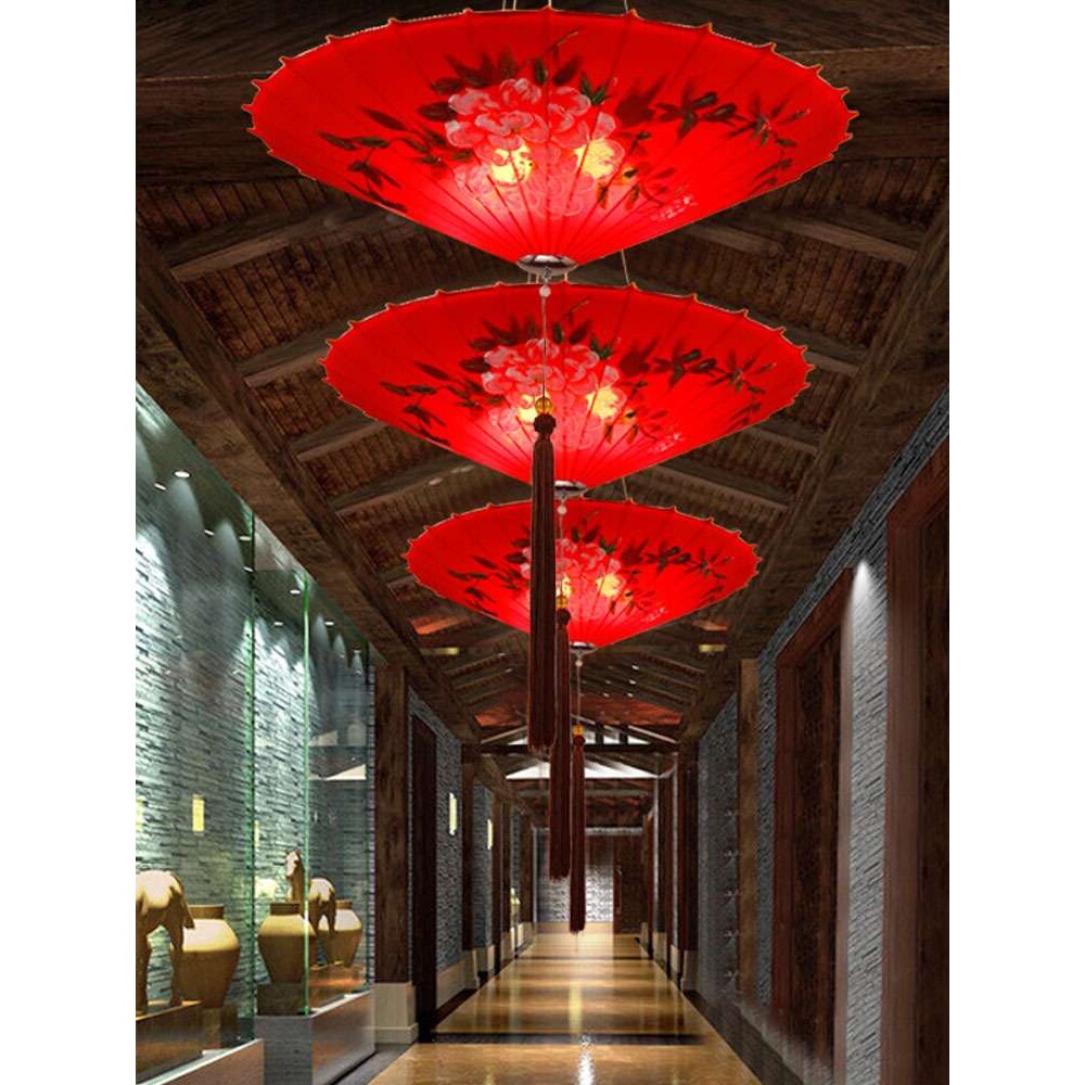 新中式雨伞小吊灯创意布艺中国风伞灯笼火锅店茶楼主餐厅饭店灯笼