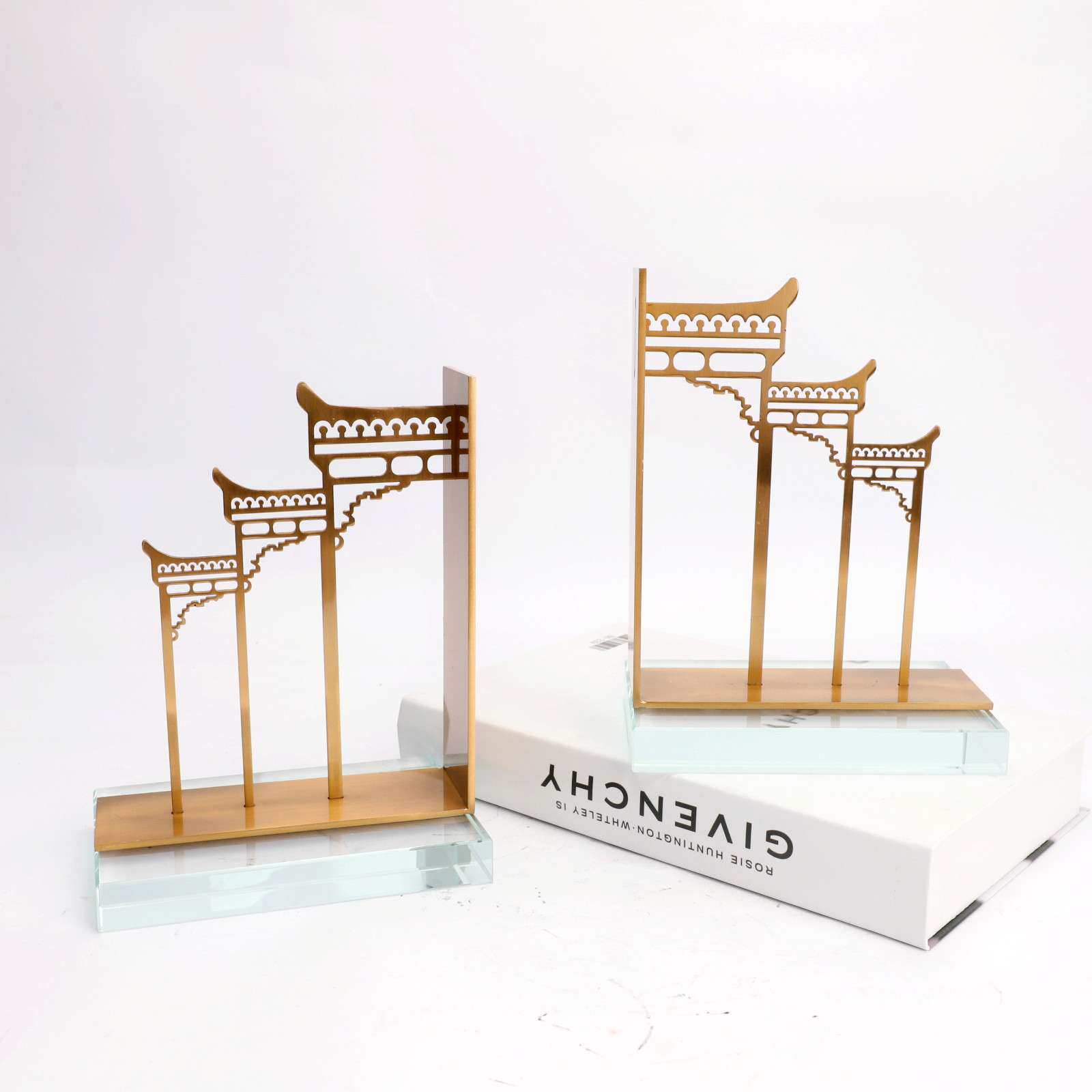 新中式水晶金属建筑牌坊书挡样板间书房办公室书桌客厅装饰品摆件