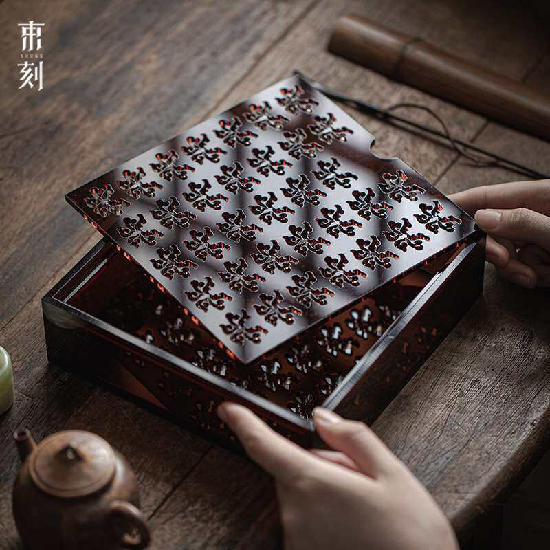 束刻亚克力蓄水壶承家用复古四方茶盘镂空小型干泡台茶壶盖碗托盘