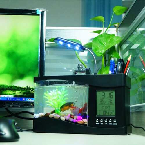 usb迷你金鱼缸台灯小型多功能生态水族箱办室装饰万年历鱼缸钟
