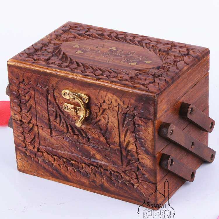印度巴基斯坦仿古核桃木手工雕刻立体高档三层珠宝盒多层首饰匣子
