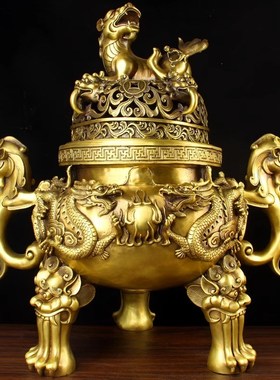 纯铜天狗香炉供奉炉炼丹炉香w薰炉室内家居双龙戏珠香炉大号工艺