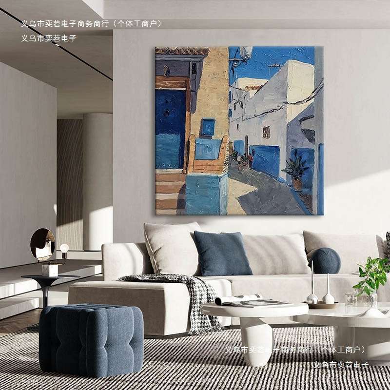 城市纯壁挂蓝色玄关餐厅手绘油画艺术装饰画抽象地中海建筑客厅画