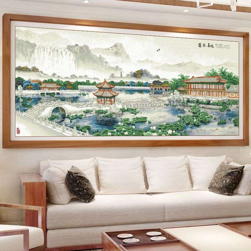 园林晨晓十字绣2024新款客厅线绣满绣中国风山水印花手工一件代发