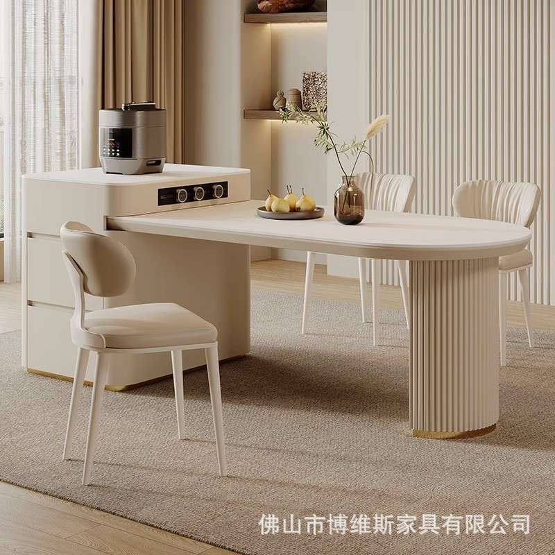 奶油风岛台餐桌一体家用小户型可伸缩岩板中岛台开放式餐桌椅组合