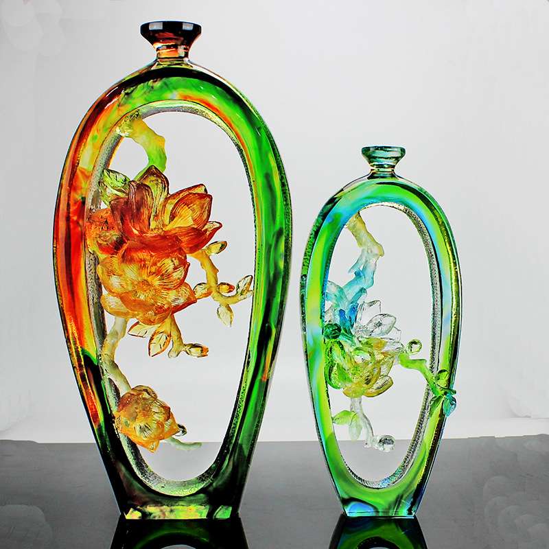 锋明古法琉璃玉兰花瓶摆件工艺品创意家居装饰高档轻奢琉璃艺术品