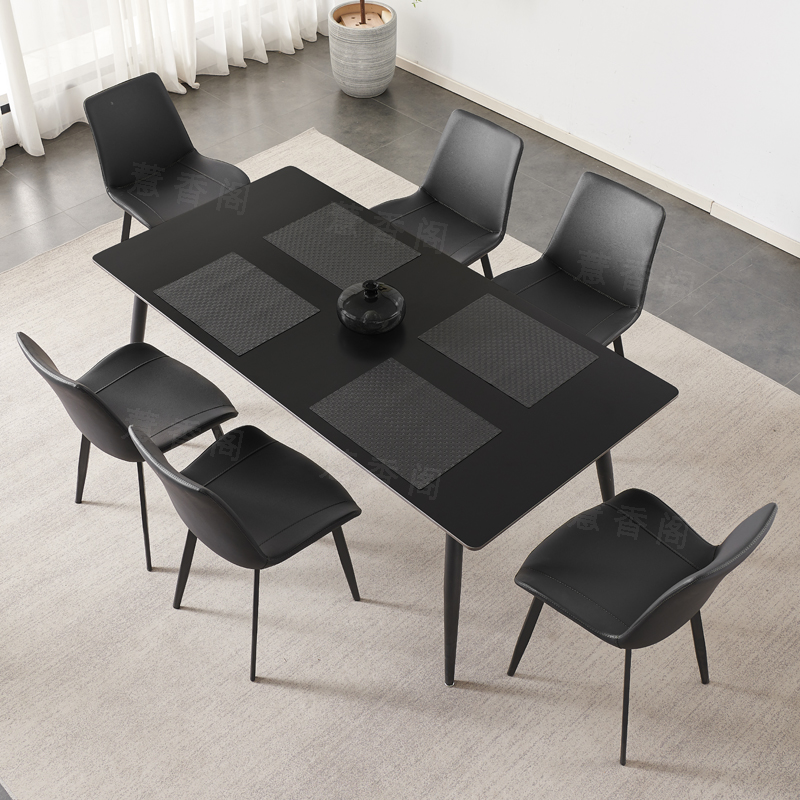 意式纯黑岩板餐桌长方n形现代简约大小户型家用饭桌黑椅6/8人极简