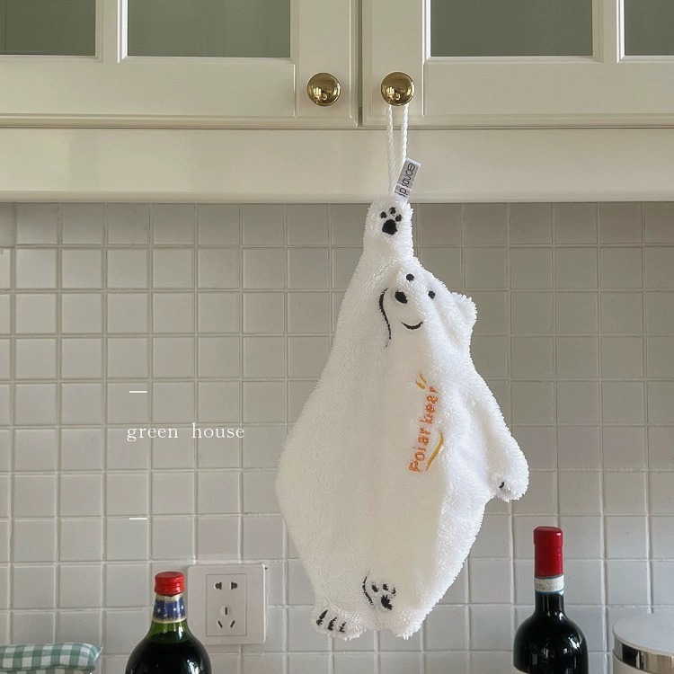 北极熊亲肤吸水擦手巾小毛巾可挂珊瑚绒厨L房挂式速干吸水抹布亲